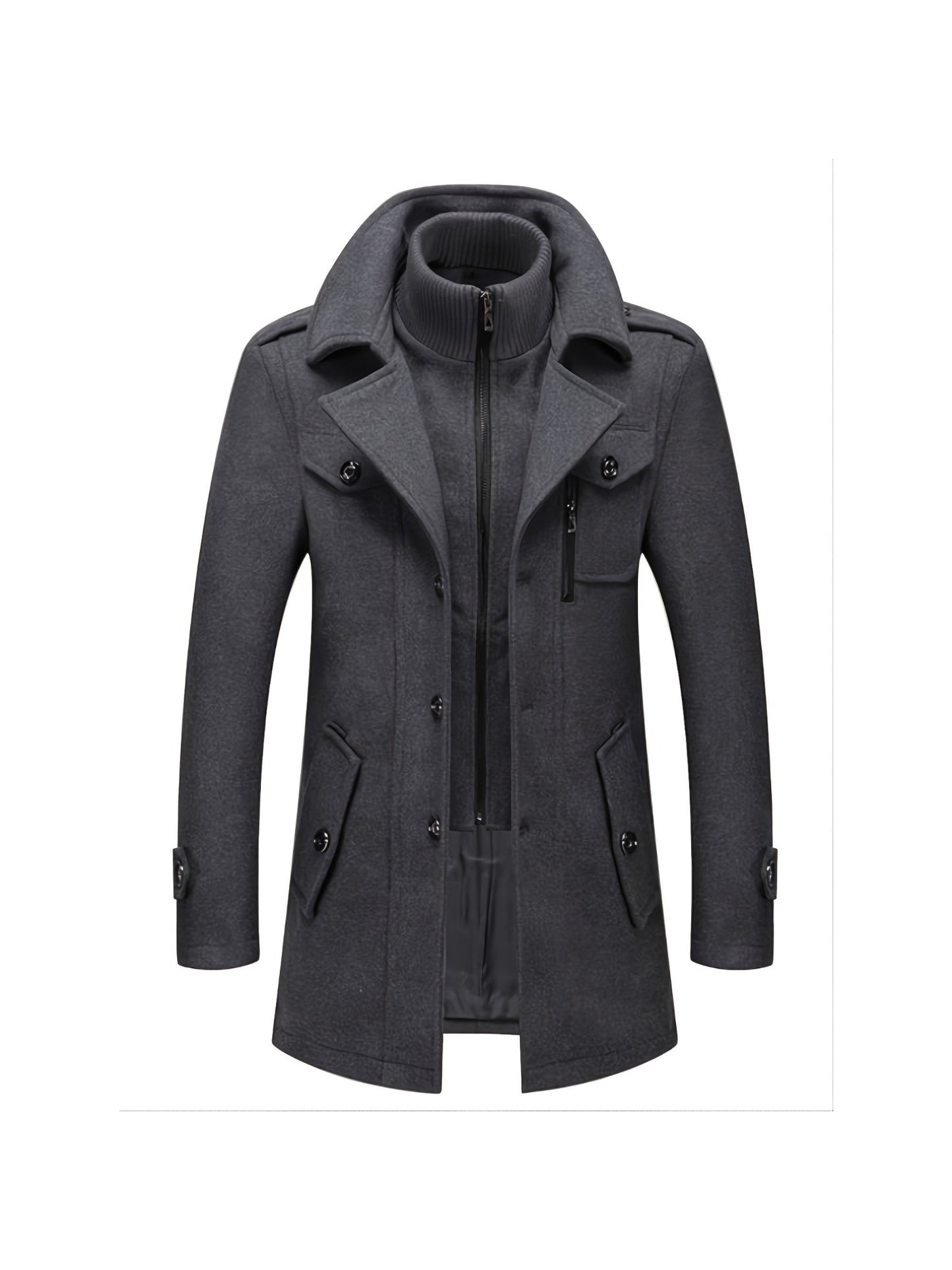 Men's Business Wool Coat - Double Collar Mid-Length