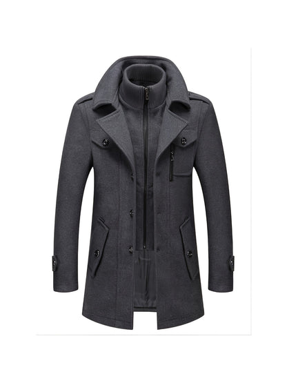 Men's Business Wool Coat - Double Collar Mid-Length