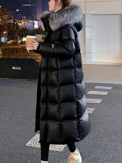Women's Elegant Longline Coat - Faux Fur Hood