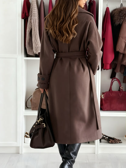 Women's Elegant Long Winter Coat - Brown Large Collar Button Front