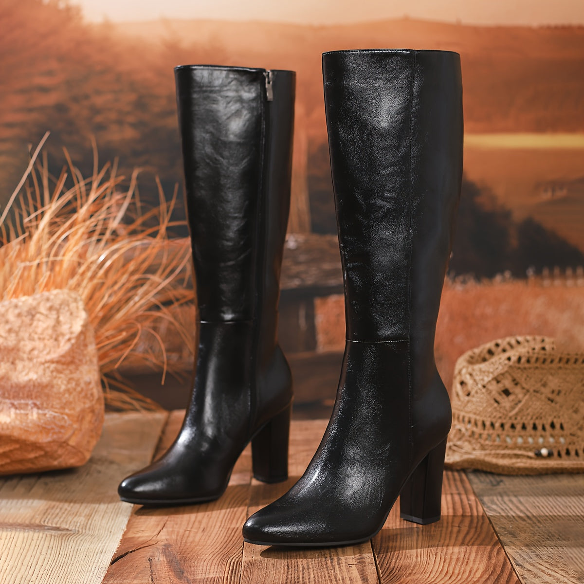 Women's Chunky Platform High Boots - Side Zipper Knee-High