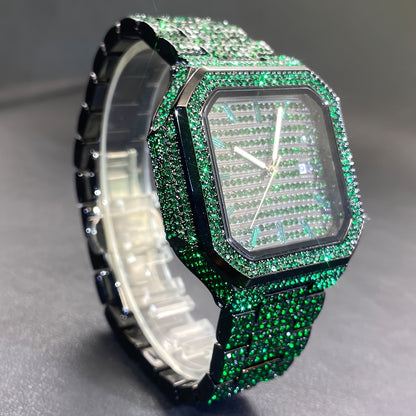 MISS FOX Square Rhinestone Quartz Watch - Green Dial Unisex IP65