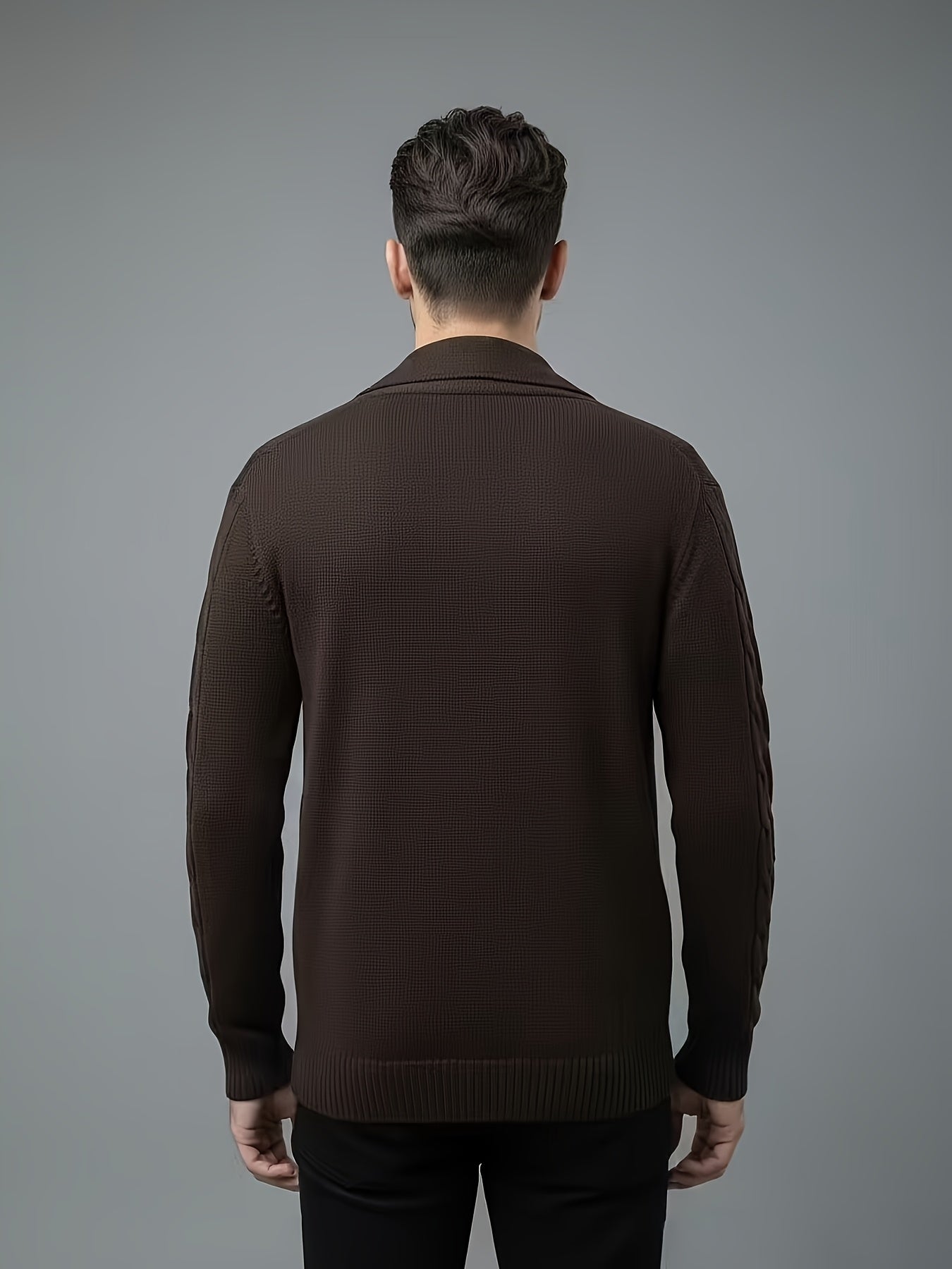 Men's Cable Knit Sweater - Black Large Lapel Ribbed