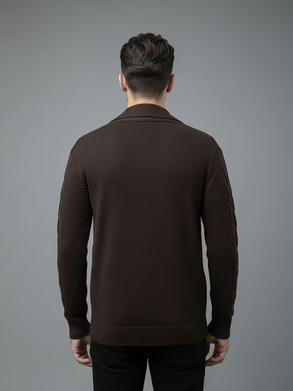 Men's Cable Knit Sweater - Black Large Lapel Ribbed