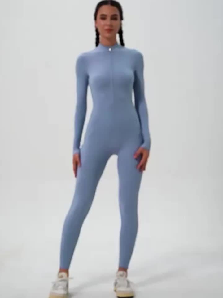 Women's Full-Zip Long Sleeve Workout Onesie - High-Stretch Athletic
