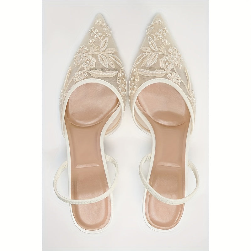 Embroidered Pointed-Toe Slingback Kitten Heels in Ivory