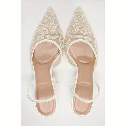Embroidered Pointed-Toe Slingback Kitten Heels in Ivory