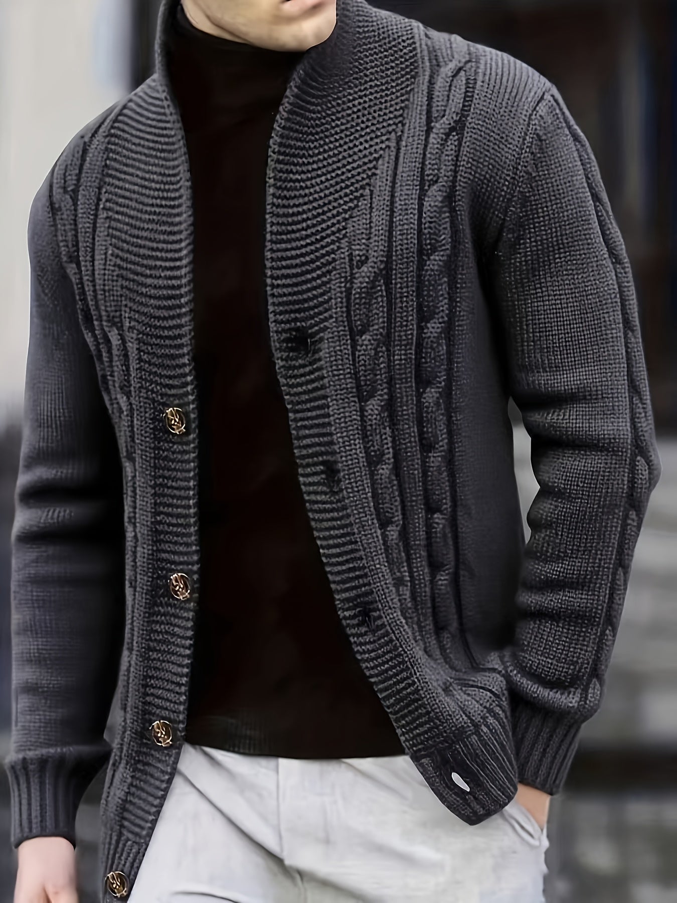 Men's Cable Knit Sweater - Black Large Lapel Ribbed