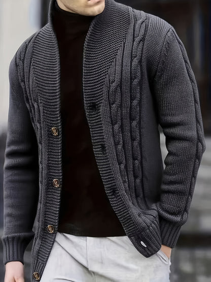Men's Cable Knit Sweater - Black Large Lapel Ribbed