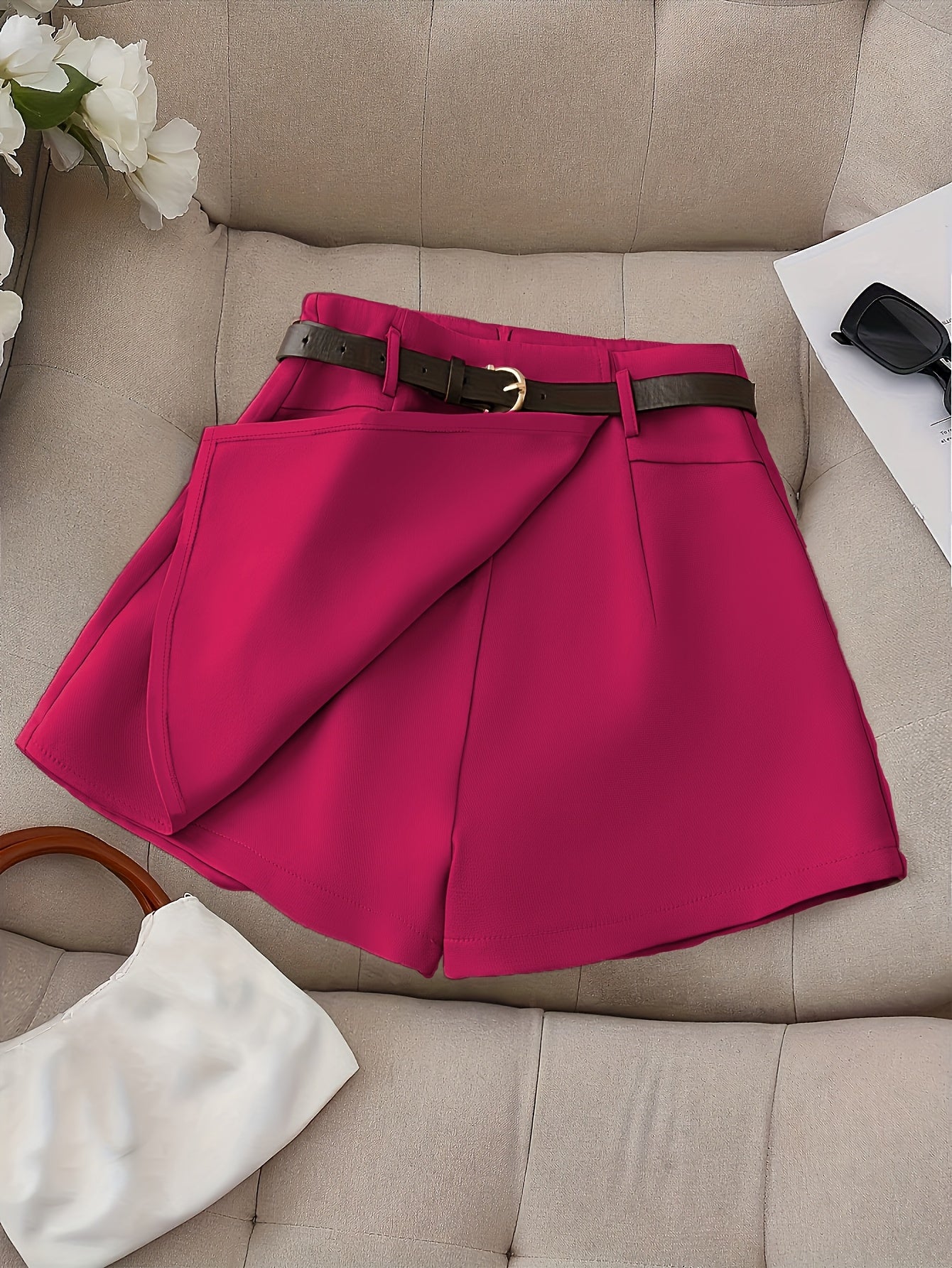 Women's Fashion Solid Color Shorts - Faux Pocket with Belt