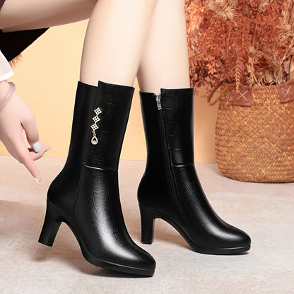 Women's Fleece-Lined Mid-Calf Boots - Rhinestone