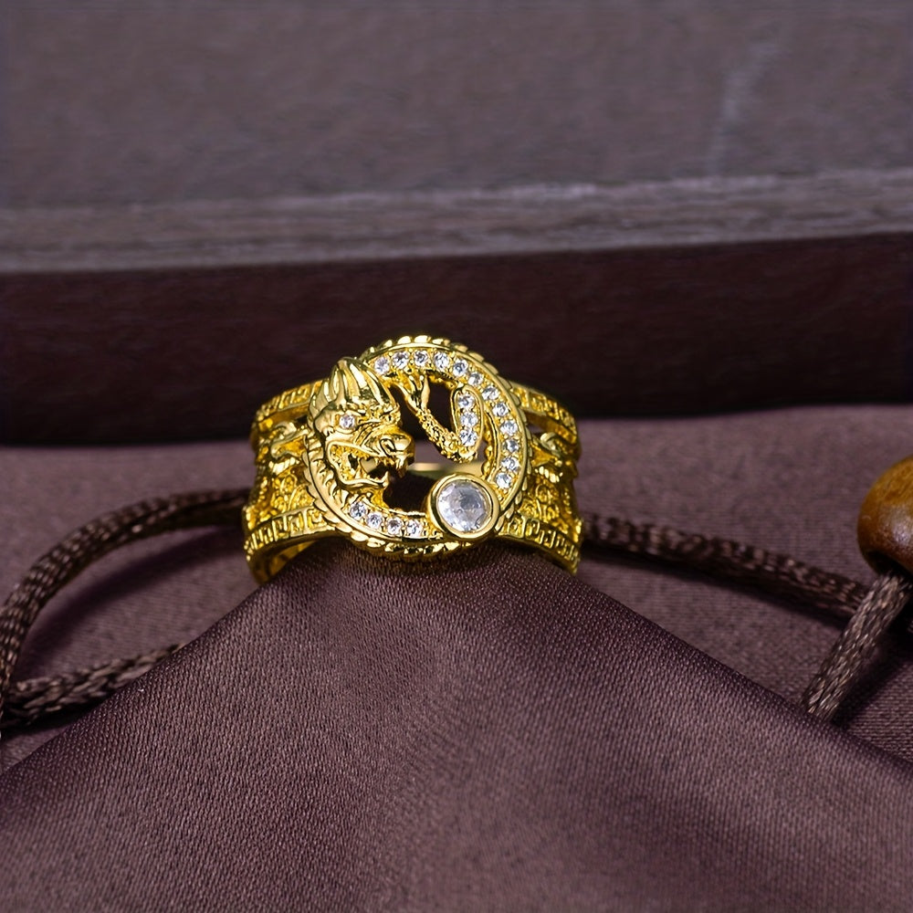 Chinese Dragon Ring for Men - Copper with Zircon Accents
