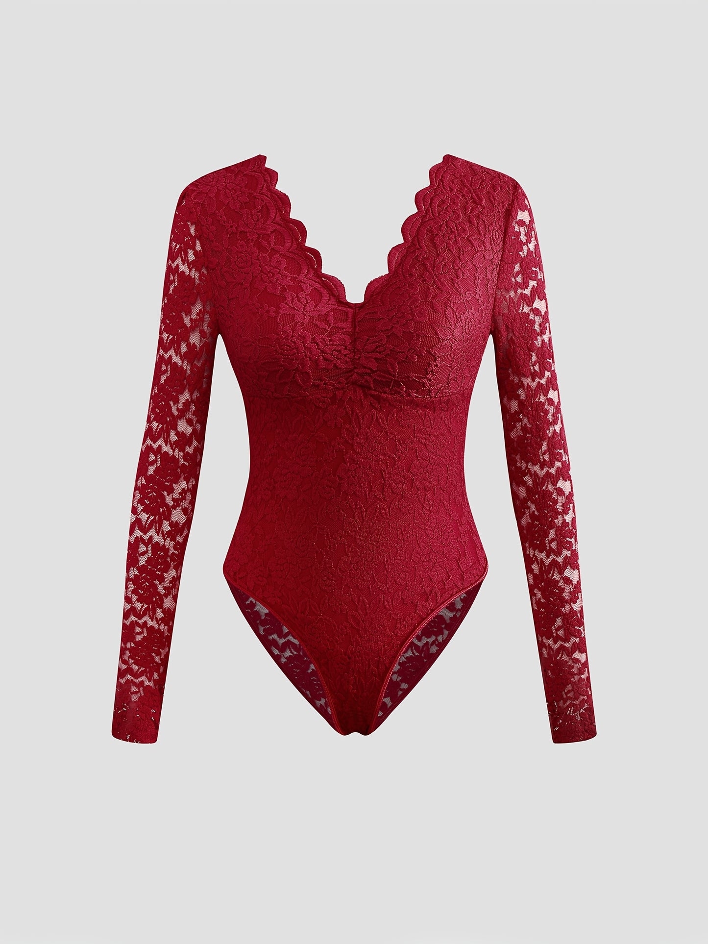 Elegant Burgundy Lace Bodysuit - Long Sleeve Sheer Panel Zipper