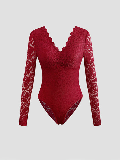 Elegant Burgundy Lace Bodysuit - Long Sleeve Sheer Panel Zipper