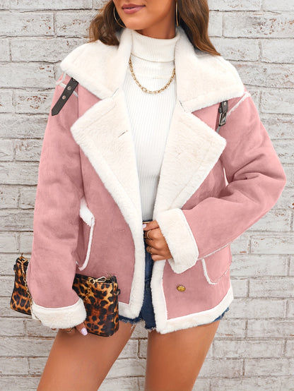 Women's Winter Jacket - Pink & White Collar with Pockets