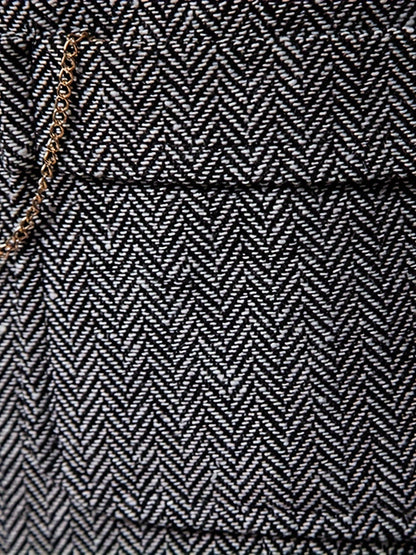 Men's Herringbone Tweed Vest - Single-Breasted Chain Detail Brown