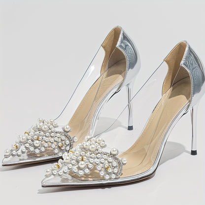 Transparent Pearl-Embellished Pointed-Toe Stiletto Heels