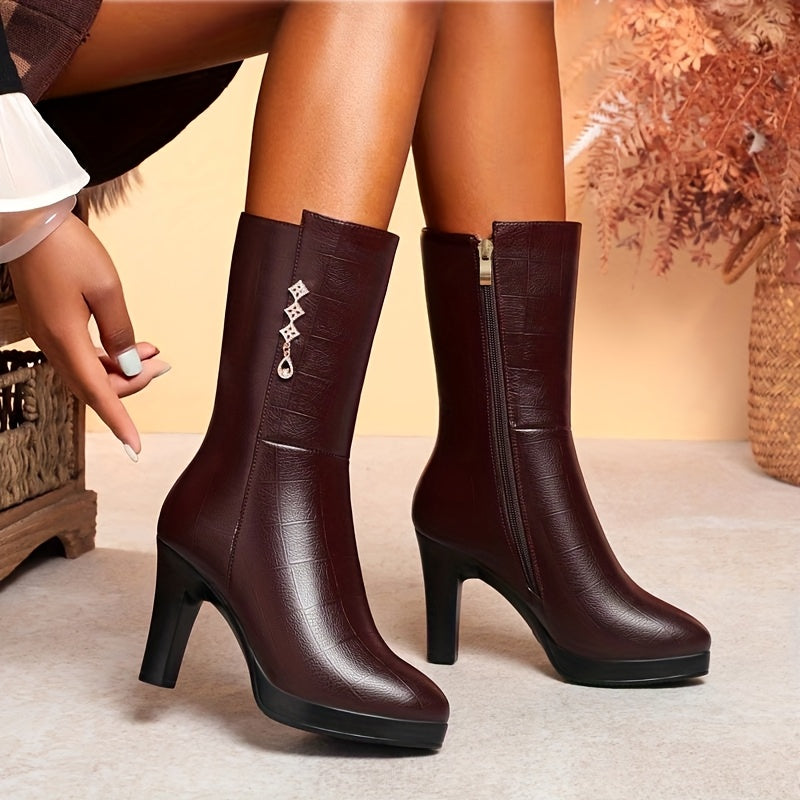 Women's Fleece-Lined Mid-Calf Boots - Rhinestone