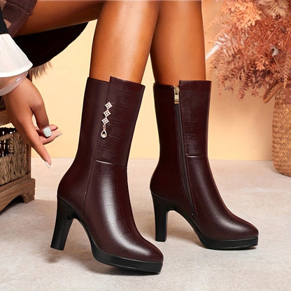 Women's Fleece-Lined Mid-Calf Boots - Rhinestone