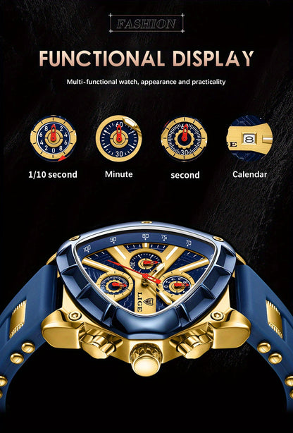 LIGE Men's Quartz Watch - Minimalist Triangle Dial World Time