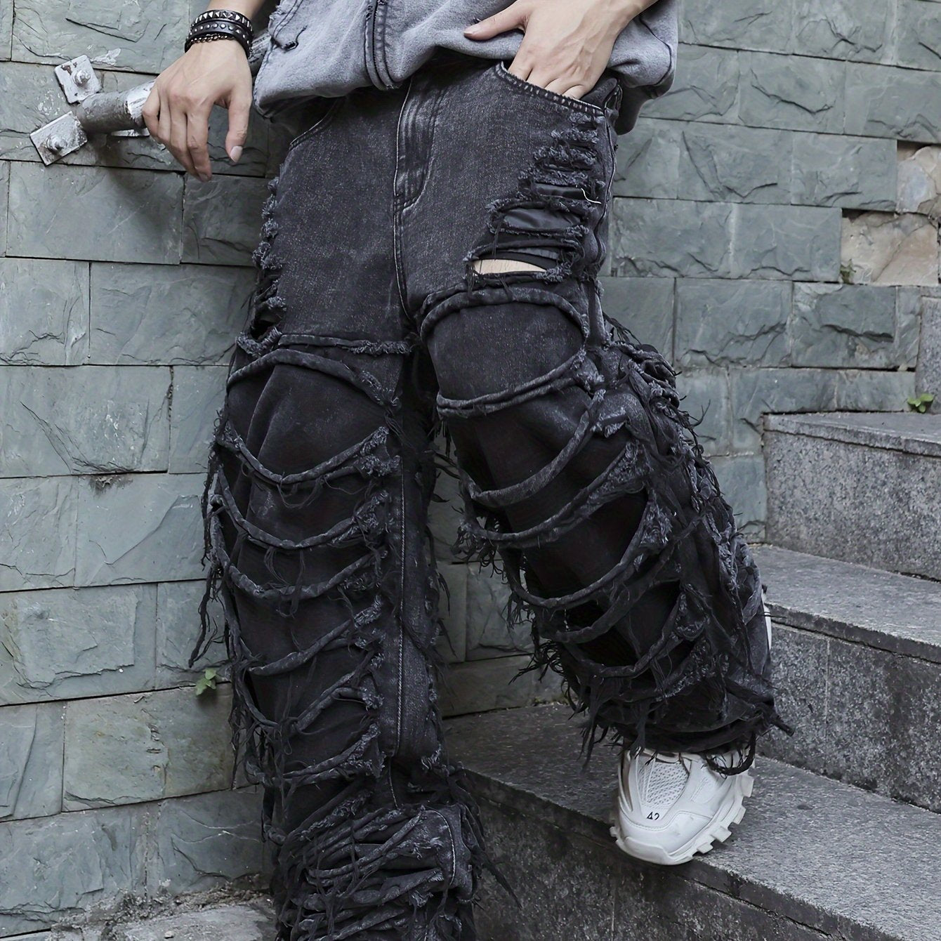 Men'S Streetwear Denim Wide-Leg Pants - Distressed, Loose Fit, Black, Casual Style, All-Season Wear, Non-Stretch Fabric, Perfect for Weekend Outings, Streetwear Fashion | Distressed Denim | Nonstretch Fabric