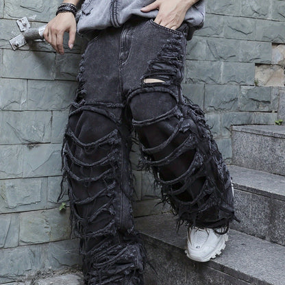Men'S Streetwear Denim Wide-Leg Pants - Distressed, Loose Fit, Black, Casual Style, All-Season Wear, Non-Stretch Fabric, Perfect for Weekend Outings, Streetwear Fashion | Distressed Denim | Nonstretch Fabric