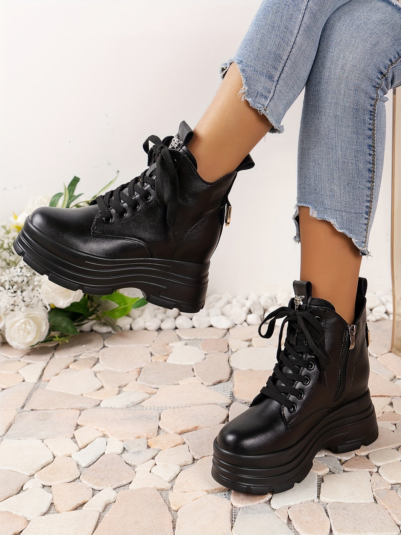 Women's Chunky Platform Ankle Boots - Fleece-Lined Black British