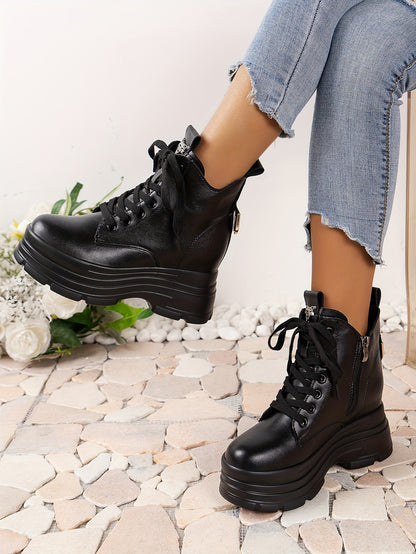 Women's Chunky Platform Ankle Boots - Fleece-Lined Black British