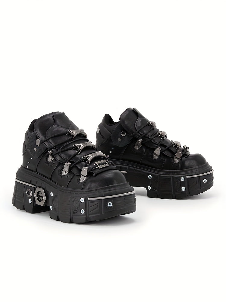 Women's Black Punk Platform Sneakers - High Heel Metal Decor Y2K