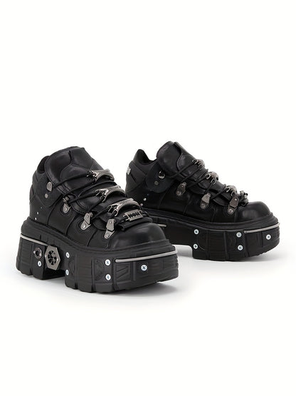Women's Black Punk Platform Sneakers - High Heel Metal Decor Y2K