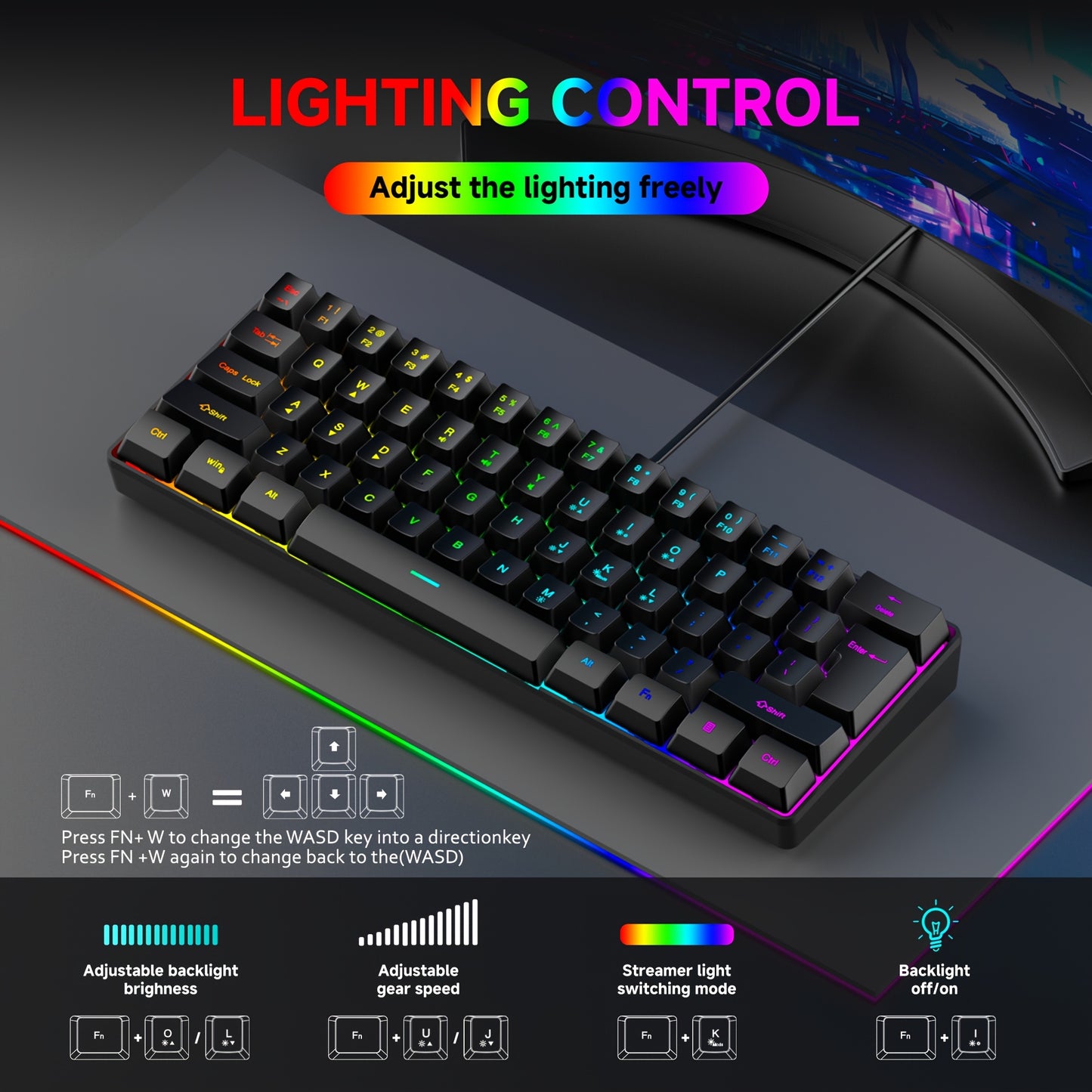 GOTBAT 60% Gaming Keyboard - Mini RGB Backlit 61 Key
