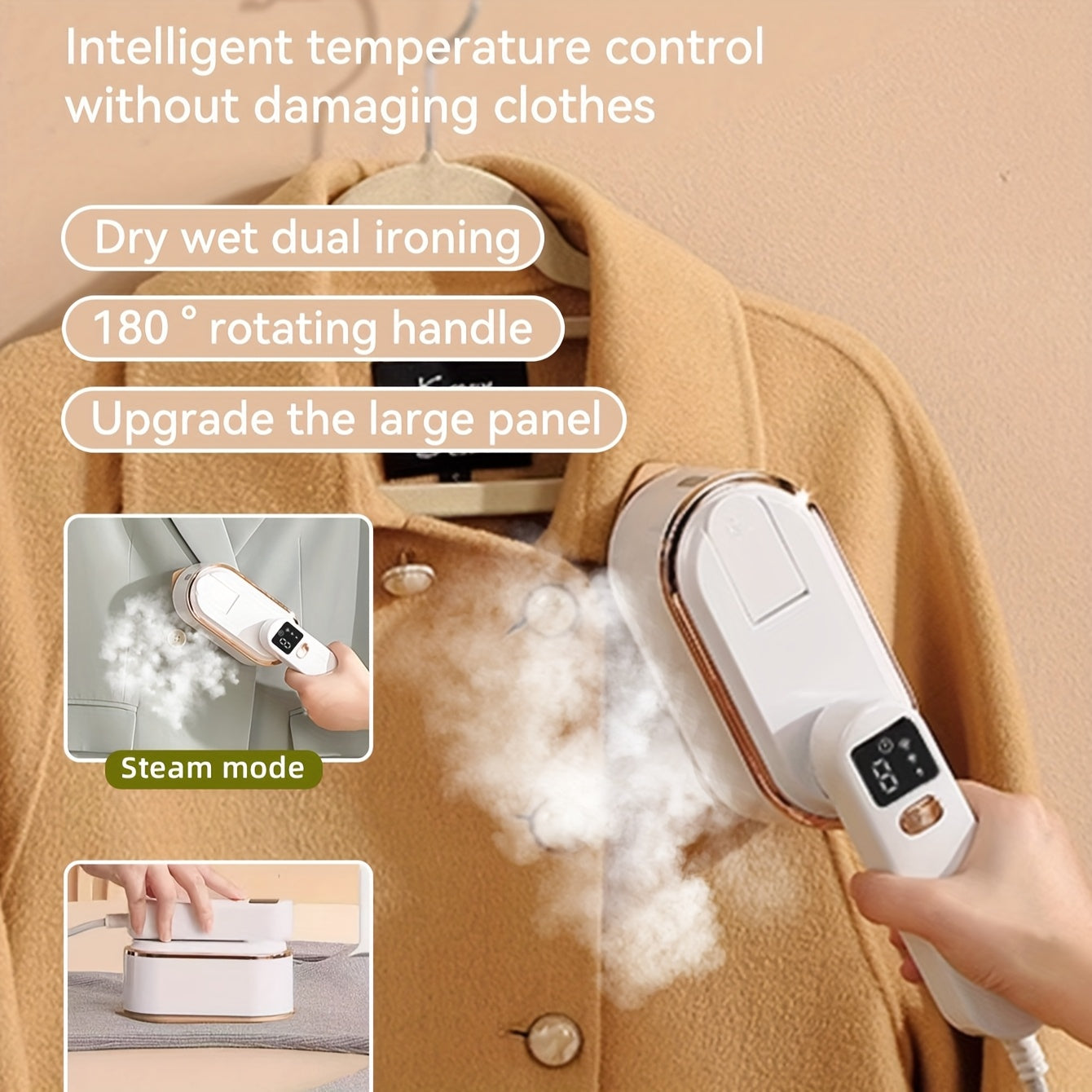 Handheld Steamer with Iron - 3-Speed 180° Rotatable 2-in-1