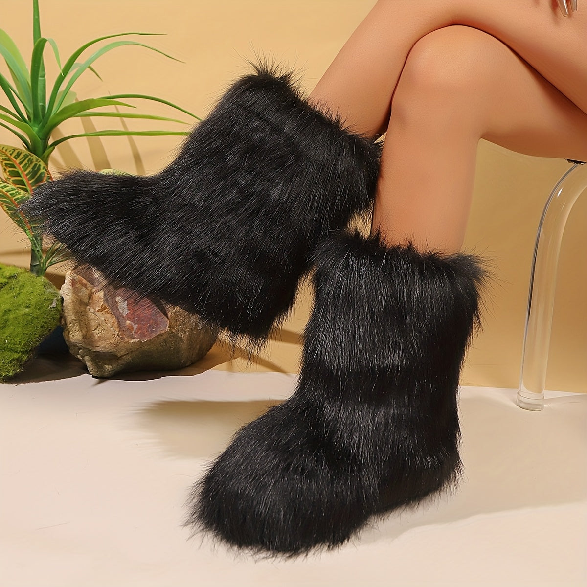 Women's Slip-On Mid-Calf Boots - Plush Faux Fur Lining Winter