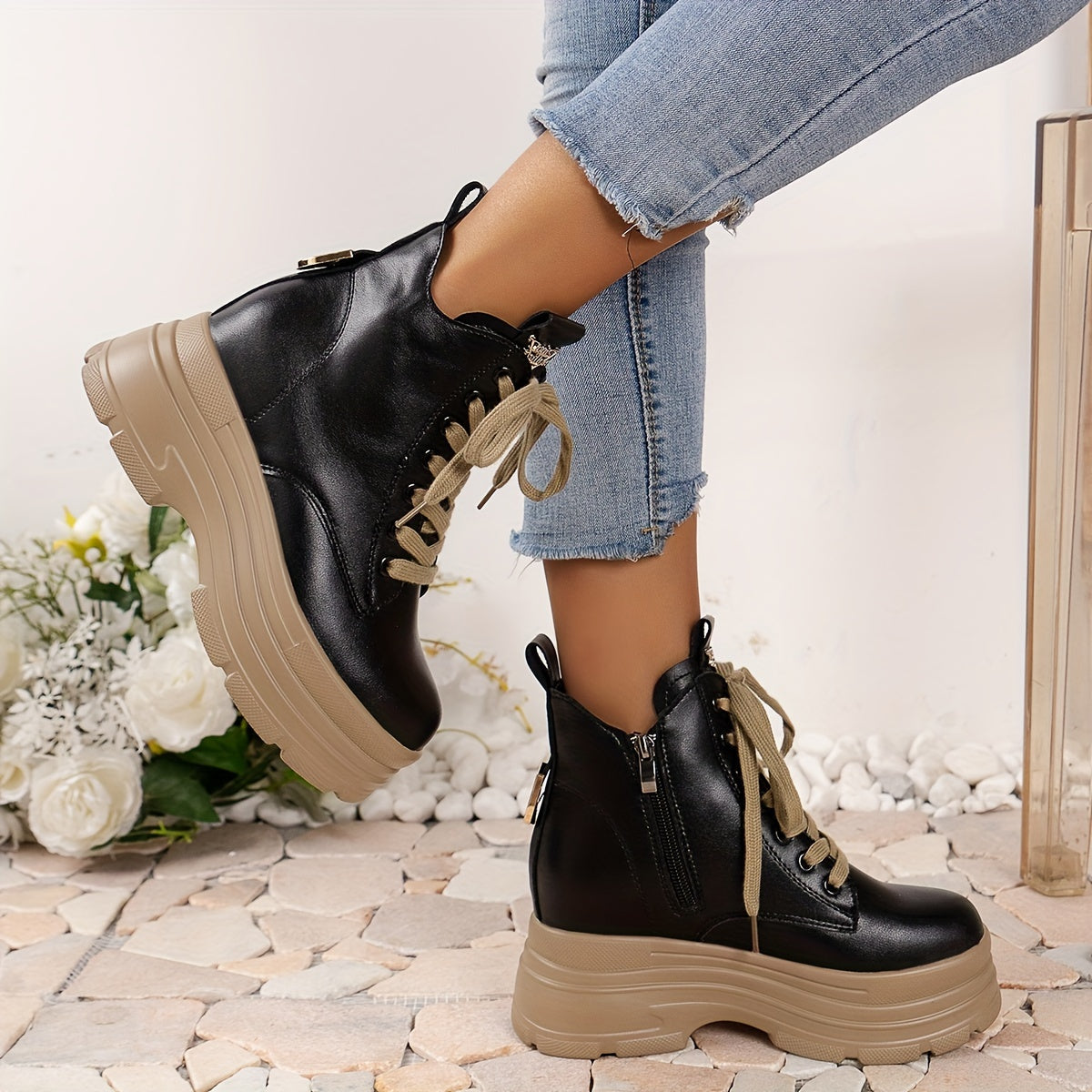 Women's Chunky Platform Ankle Boots - Fleece-Lined Black British