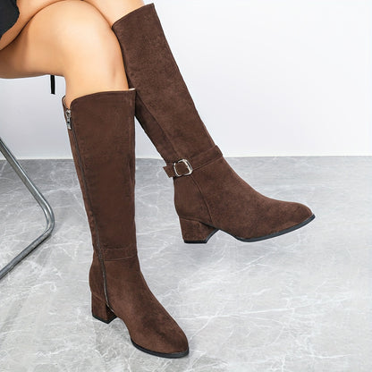 Women's Chunky Heeled Velvet Knee Boots - Side Zipper Knight