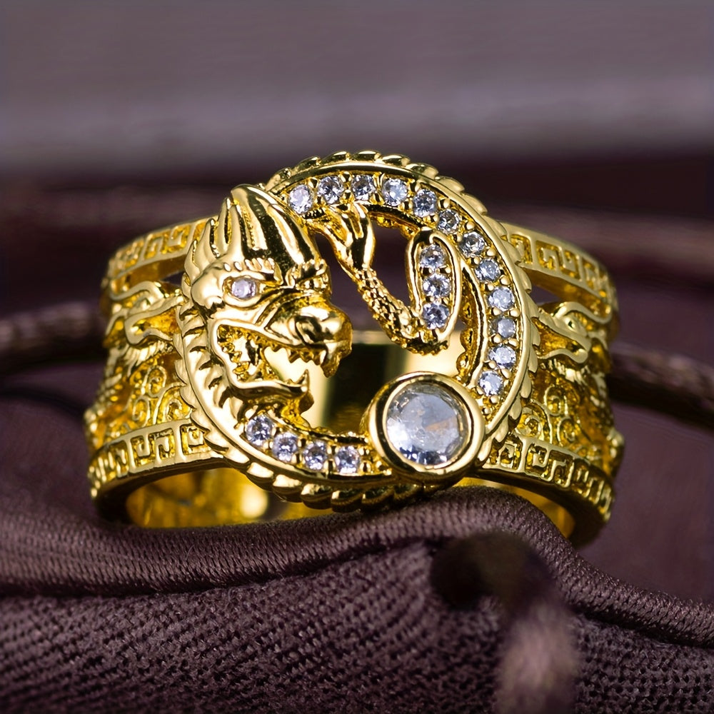 Chinese Dragon Ring for Men - Copper with Zircon Accents