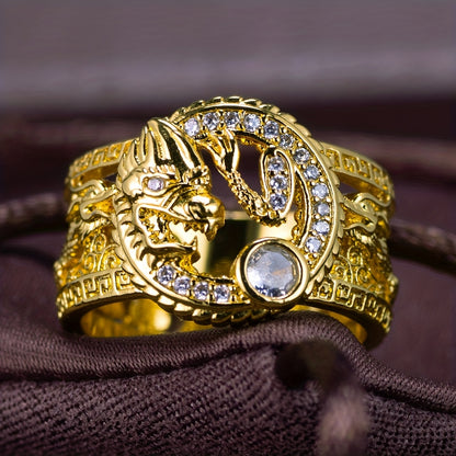 Chinese Dragon Ring for Men - Copper with Zircon Accents