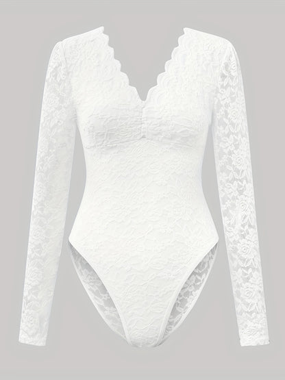 Elegant Burgundy Lace Bodysuit - Long Sleeve Sheer Panel Zipper