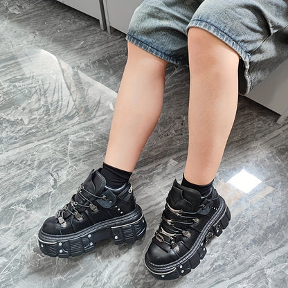 Women's Black Punk Platform Sneakers - High Heel Metal Decor Y2K