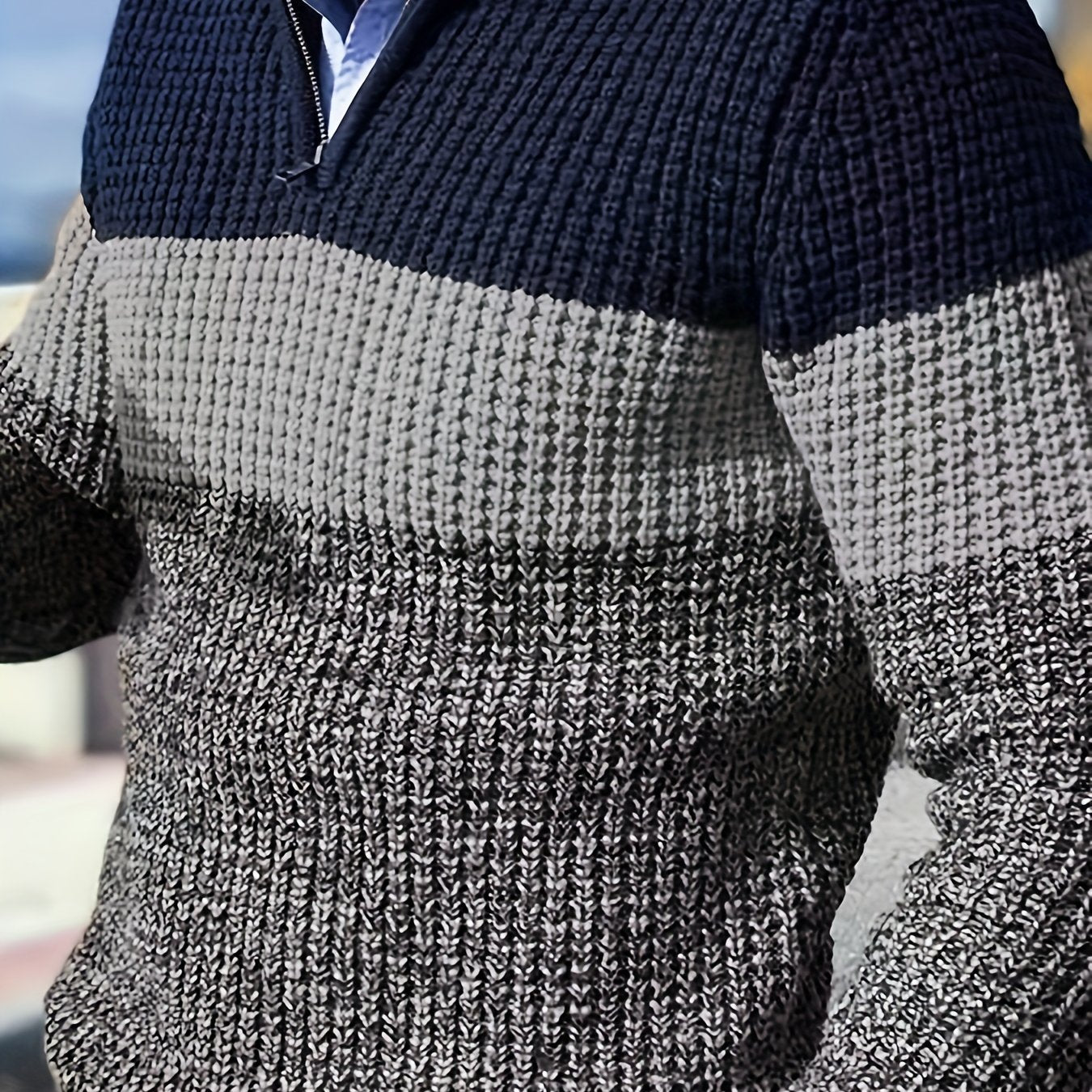 Men's Half-Zip Striped Sweater - Stand Collar Color Block