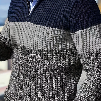 Men's Half-Zip Striped Sweater - Stand Collar Color Block