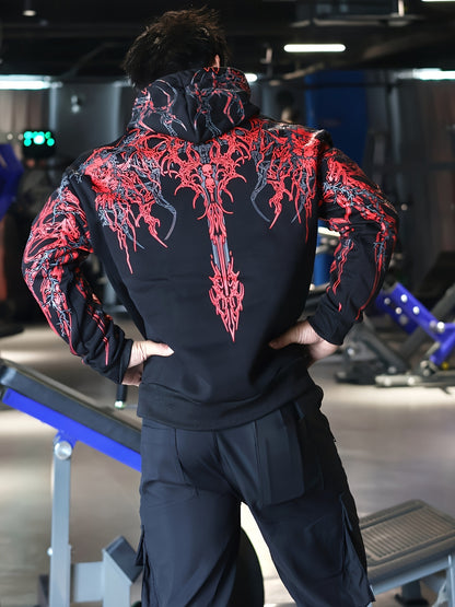 Men's Striped Graphic Print Hoodie - Loose Fit with Kangaroo Pocket