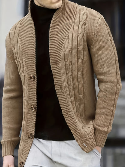 Men's Cable Knit Sweater - Black Large Lapel Ribbed