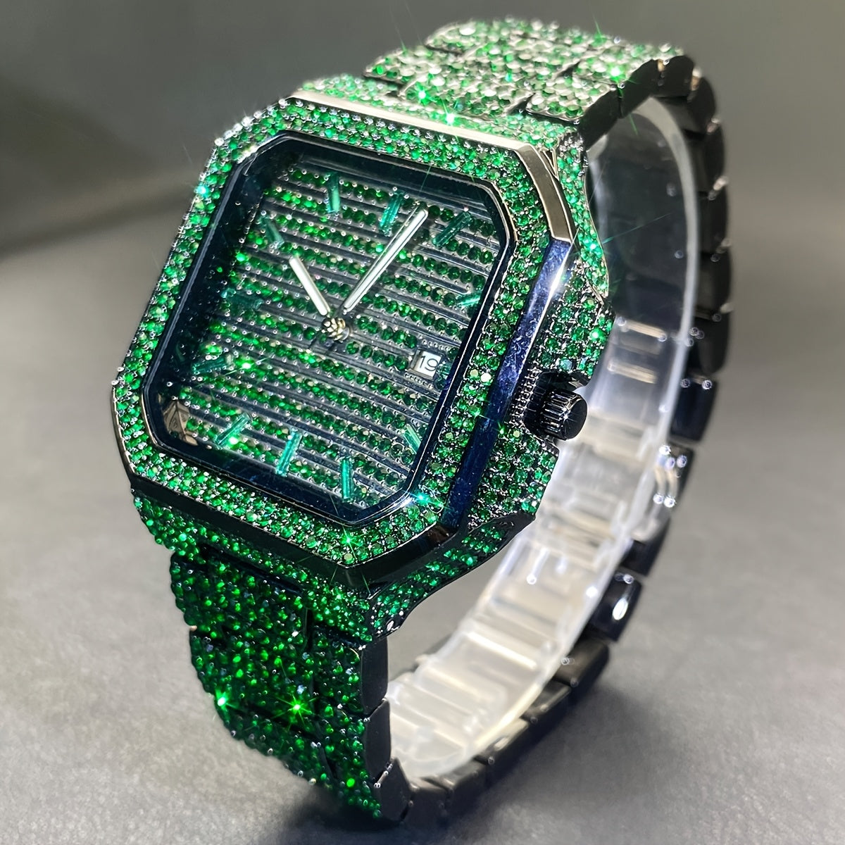 MISS FOX Square Rhinestone Quartz Watch - Green Dial Unisex IP65