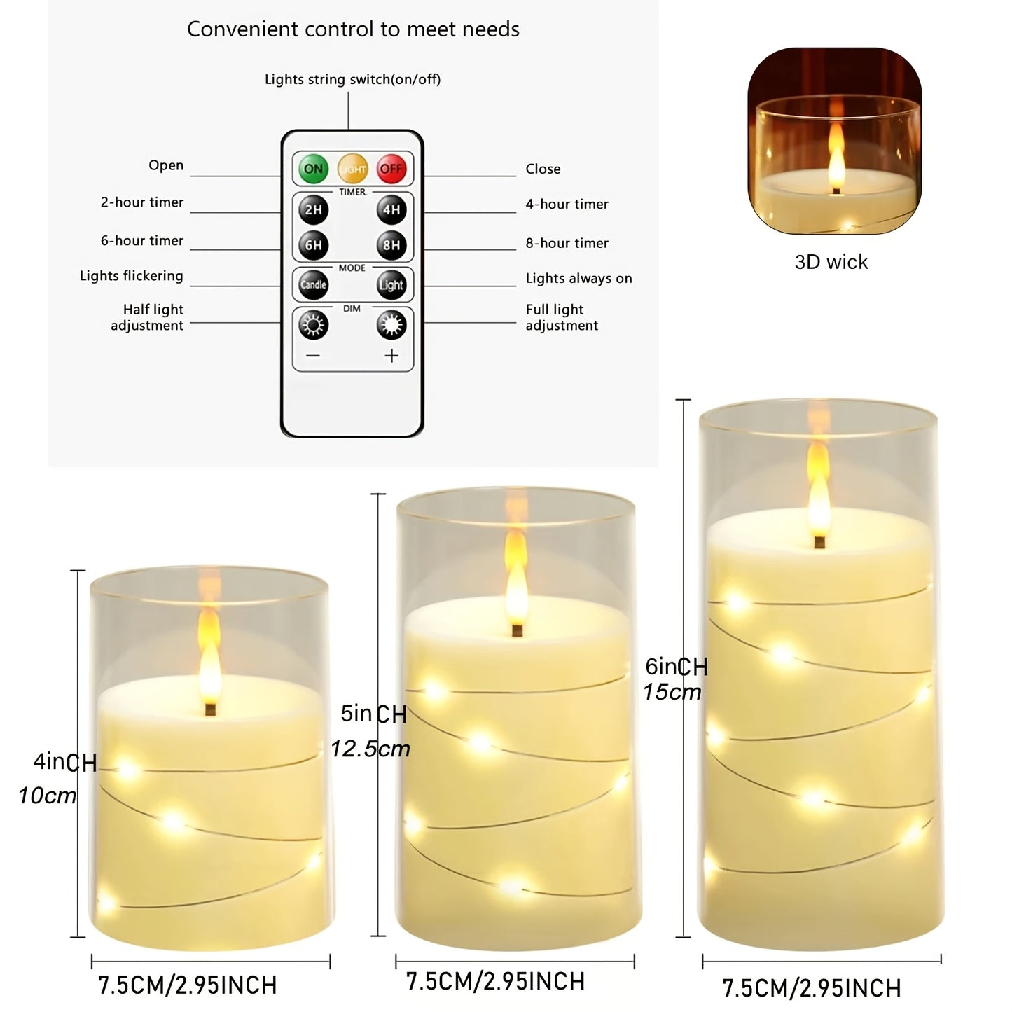 3pcs Flickering Flameless LED Candles – 3D Wick, Remote & Timer