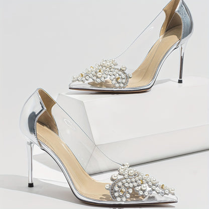 Transparent Pearl-Embellished Pointed-Toe Stiletto Heels