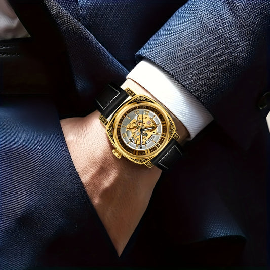 RUIQI Luxury Vintage Automatic Watch - Golden Hollow Skeleton Roman Numerals