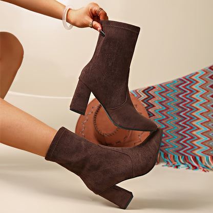 Women's Chunky High Heel Boots - Slip-On Platform Black