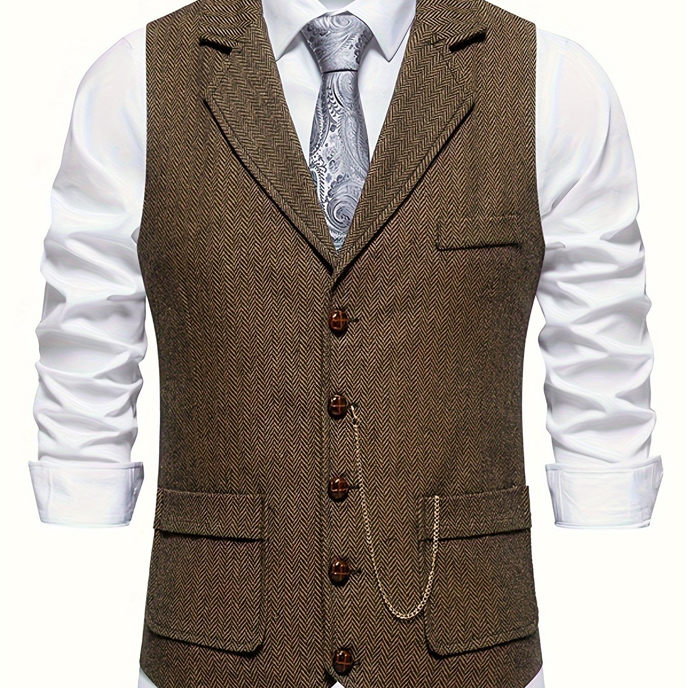 Men's Herringbone Tweed Vest - Single-Breasted Chain Detail Brown