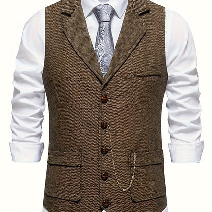 Men's Herringbone Tweed Vest - Single-Breasted Chain Detail Brown